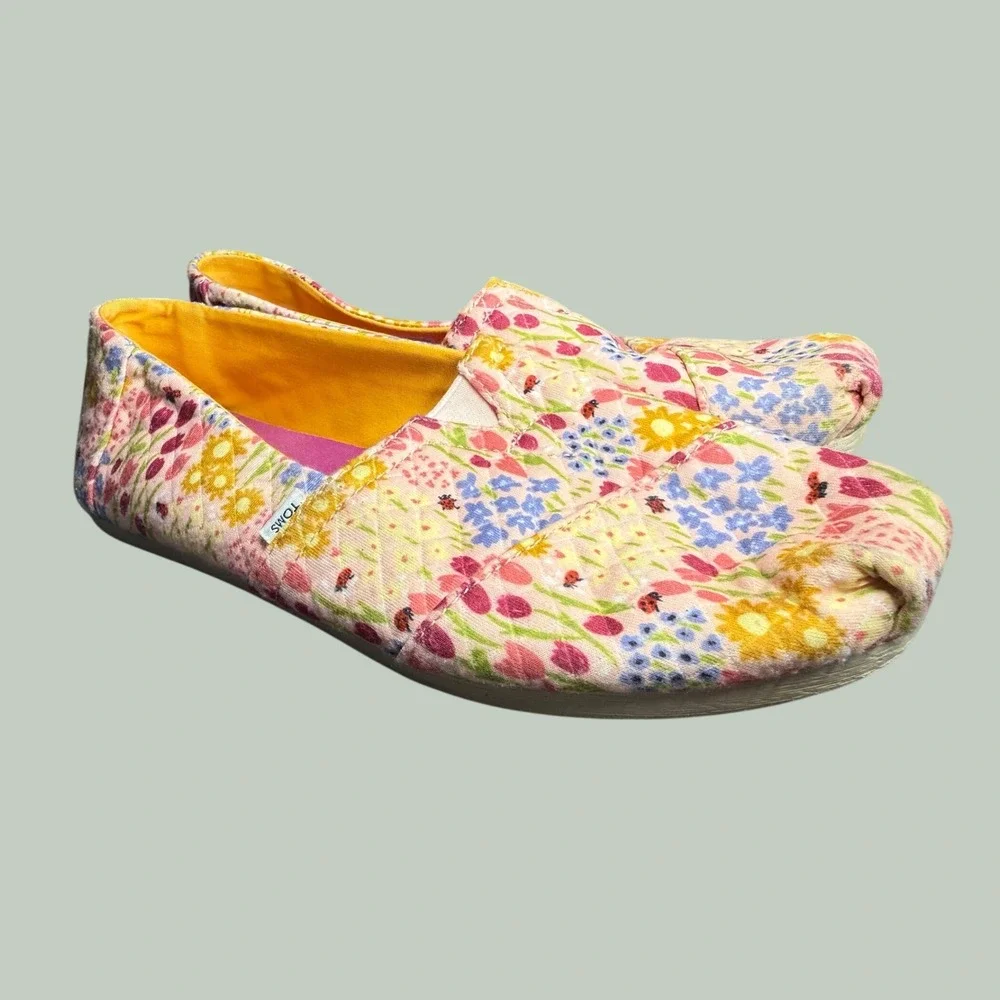 TOMS Alpargata Floral Ladybug Print Quilted Canvas Slip On‎ Shoes Womens 9 Pink